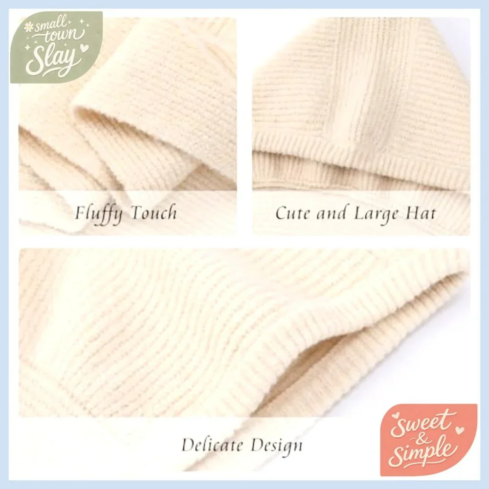 Wool Knitted Hooded Scarf Set One Size Winter Neck Warmer Hat - Picture 6 of 7